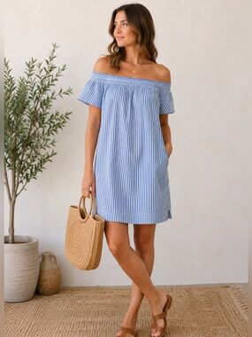 J. Crew Blue and White Striped Off-Shoulder Dress